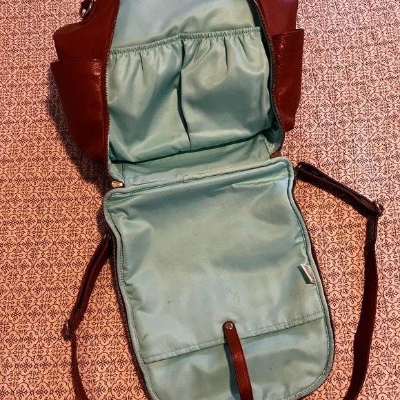 Lily Jade Brown Leather Backpack diaper bag with Teal Lining and accessories - Picture 8 of 14